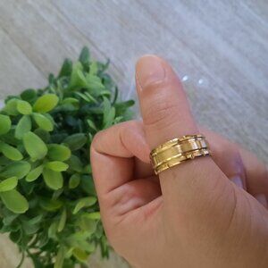 Gold-Plated, Stainless Steel Wide Band Wedding Ring - Double Grooved, Size 7